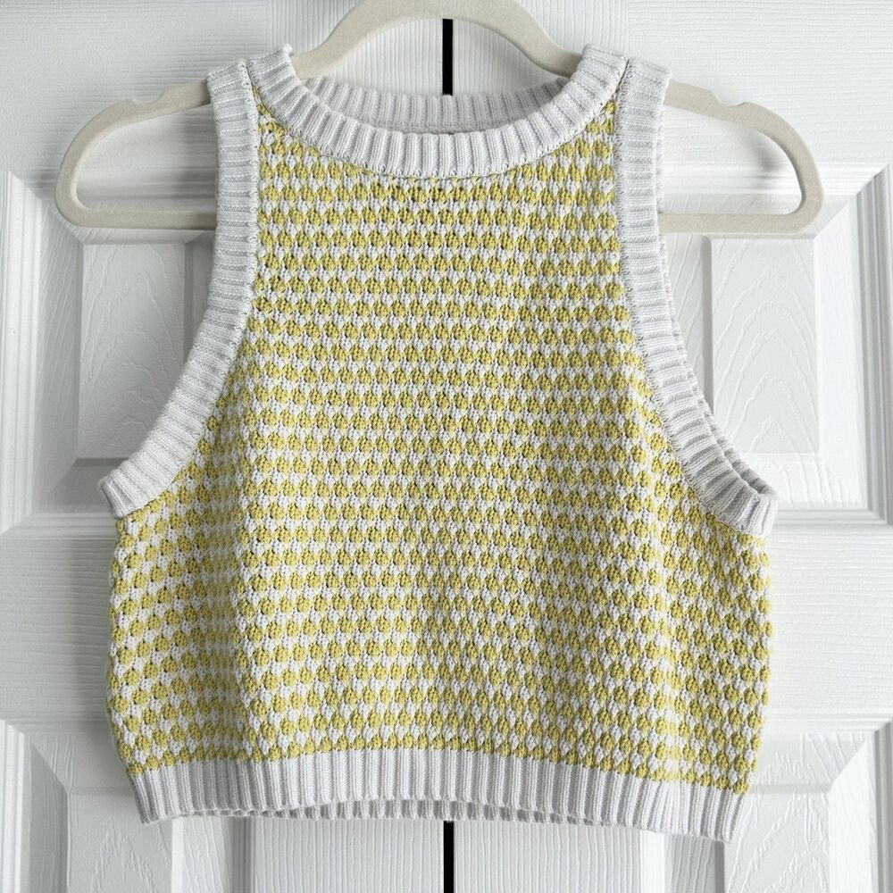Future Collective Sweater Vest Womens M Yellow White Cotton Knit Alani Noelle